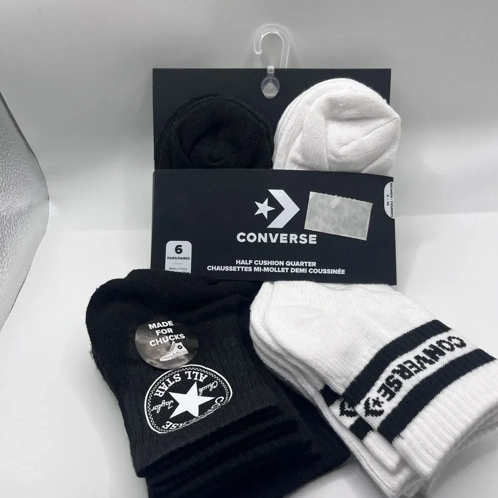 Converse Chucks Half Cusion Quarter Socks 6 pair Women's Size 4-10 BLACK & WHITE